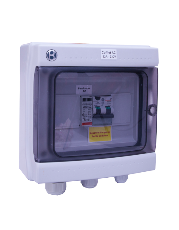 Coffret AC 7-10 kW monophasé 230 V AC 50A avec type B pour photovoltaique Coffret AC 7-10 kW monophasé 230 V AC 50A avec type B pour photovoltaique