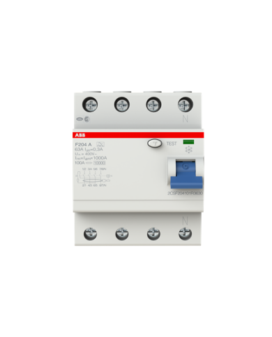 Disjoncteur FI ABB F204A-63/0,3, 63A/0,3mA, 4-Pôles Disjoncteur FI ABB F204A-63/0,3, 63A/0,3mA, 4-Pôles