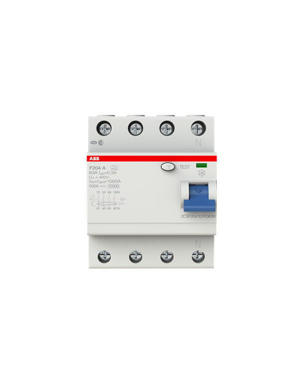 Disjoncteur FI ABB F204A-63/0,3, 63A/0,3mA, 4-Pôles Disjoncteur FI ABB F204A-63/0,3, 63A/0,3mA, 4-Pôles