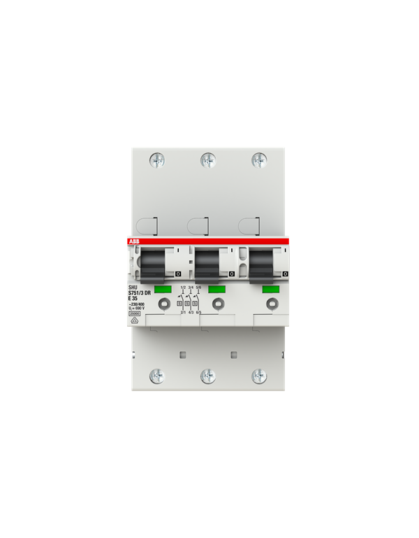 Disjoncteur principal sélectif ABB S751/3DR-E35 LS SHU E-Char., 25kA, 35A, 3x1Pôle Disjoncteur principal sélectif ABB S751/3DR-E35 LS SHU E-Char., 25kA, 35A, 3x1Pôle