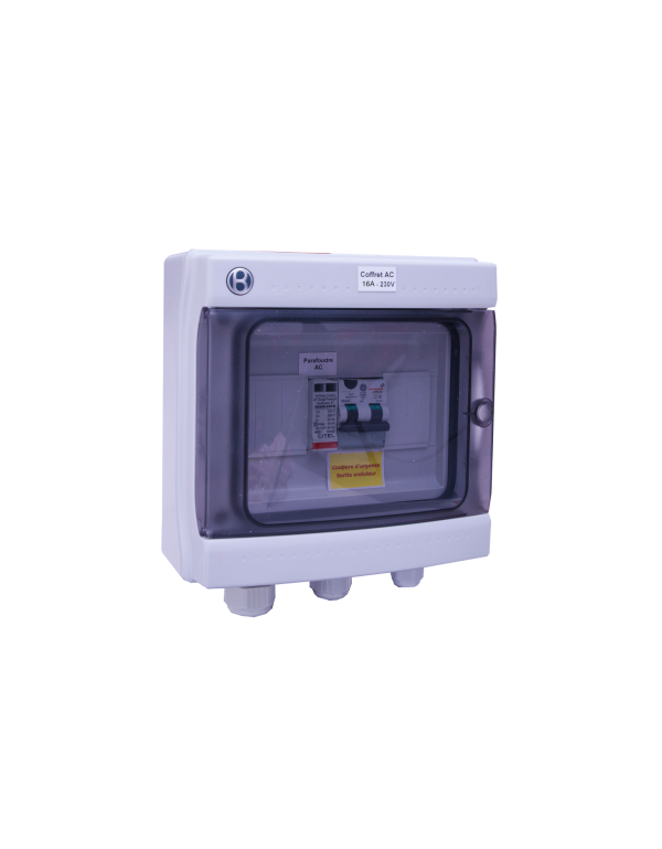 Coffret AC 3-4 kW monophasé 230V 16A 300mA pour photovoltaique Coffret AC 3-4 kW monophasé 230V 16A 300mA pour photovoltaique